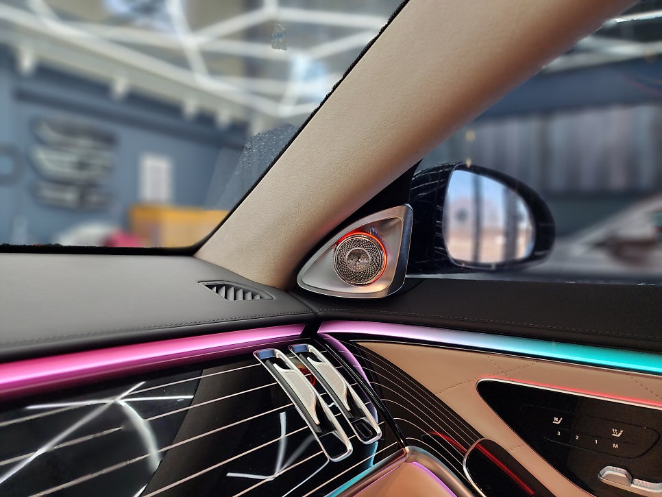 벤츠 w223 s580 - 피아노락커 트림 1열 시트백까지 !! 그리고 4D 부메스터 시공으로 감성 UP !